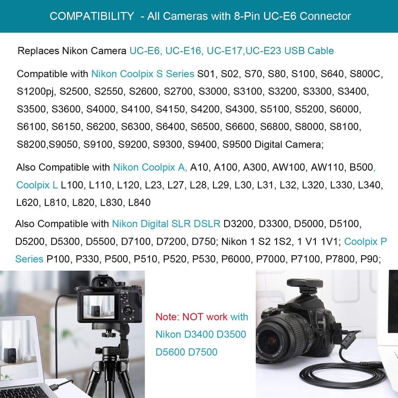 MaxLLTo Replacement UC-E6 USB Data Cable for Nikon Coolpix L26, L28, B500,L110 L120, L310, L330, L340, L620, L810, L820, L830, L840, A10, D5500, D5200, D7200, D7100, D750 - Image 2
